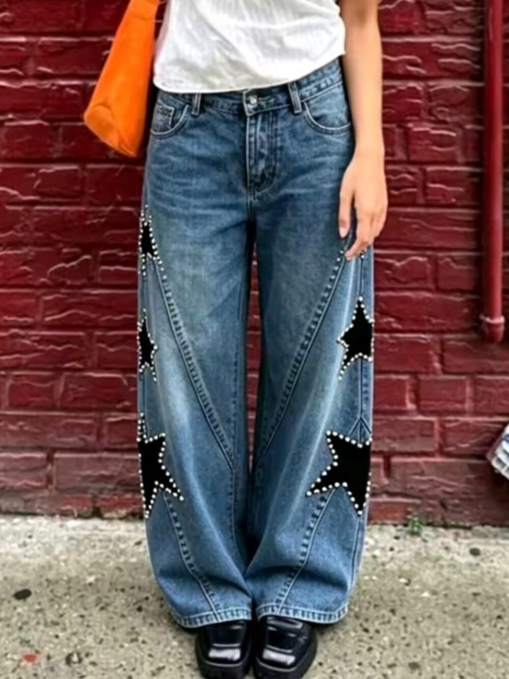 Women Rhinestone Star Patch Jeans Wide Leg Baggy Denim Pants Aesthetic Grunge - Picture 4 of 7